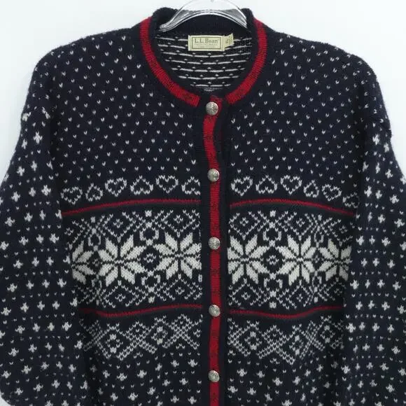 Vintage LL Bean Cardigan Womens XL Blue Nordic Fair Isle Nordic Birds Eye USA‎ - Picture 2 of 10